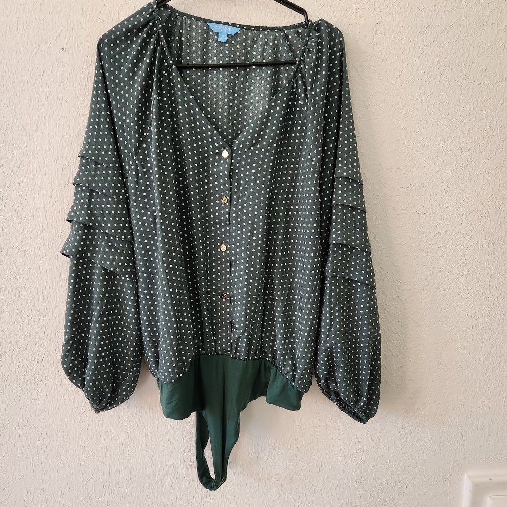 Draper James Women's RSVP Ruffled Sleeve Print Bodysuit Size 1X